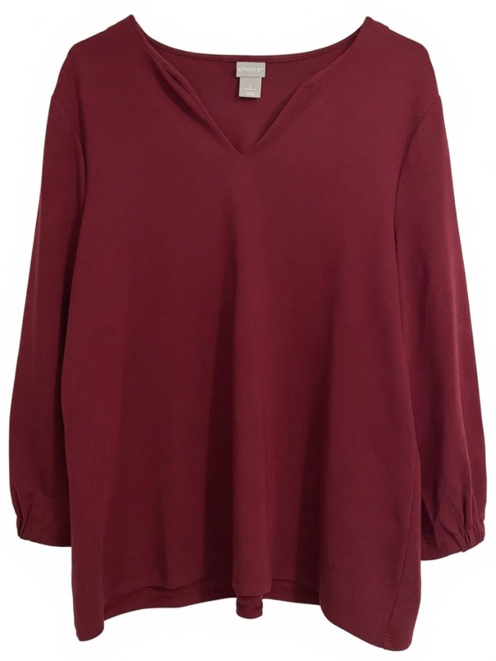 Chico's Burgundy Split V-Neck Knit Blouse Balloon Sleeve Top Wine Merlot Sz 2(L)